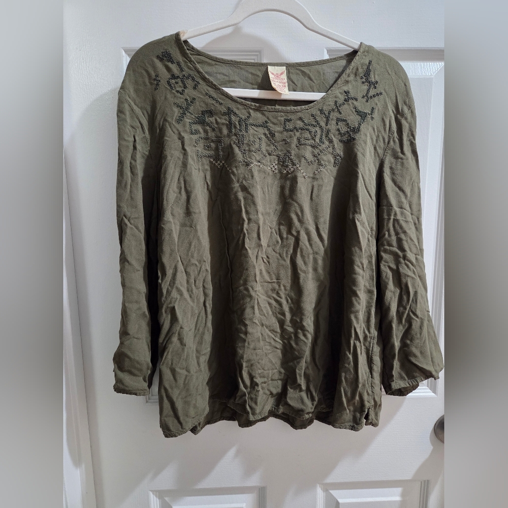 Faded Glory Olive Green Embroidered Blouse With Button-Tab Sleeves